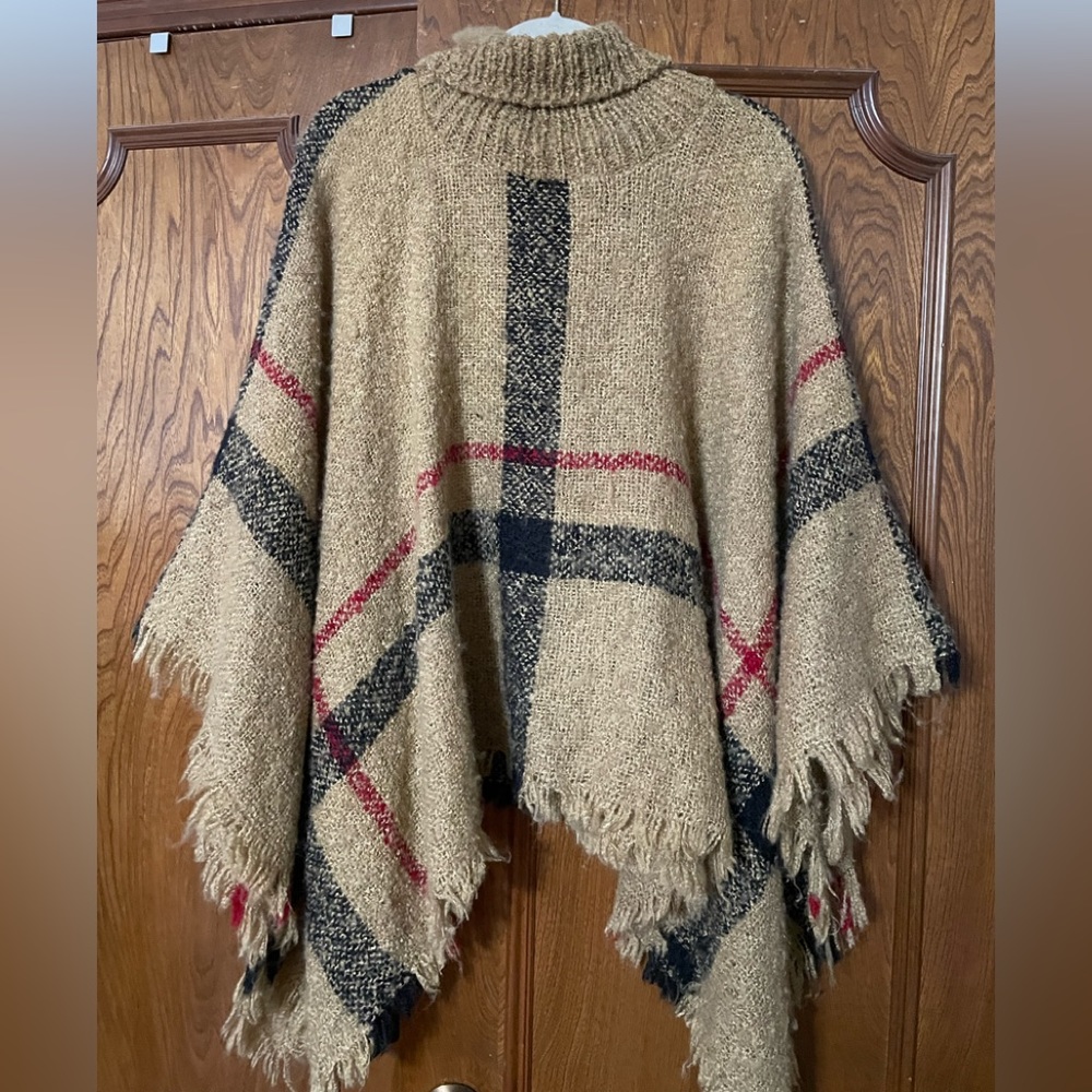 One size plaid look poncho turtle neck
